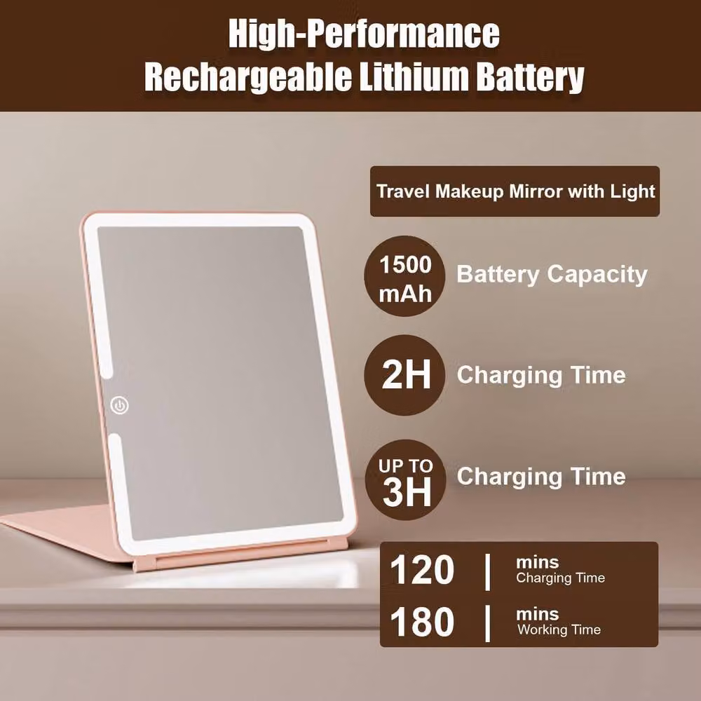 ATEK Rechargeable Portable Travel Makeup Mirror, Rotating Foldable Tabletop Cosmetic Mirror in Pink – 6
