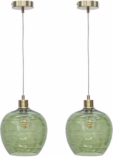 First Choice Lighting Leah Set of 2 Green Ripple Glass Globe Pendant Lights with Satin Brass Fittings