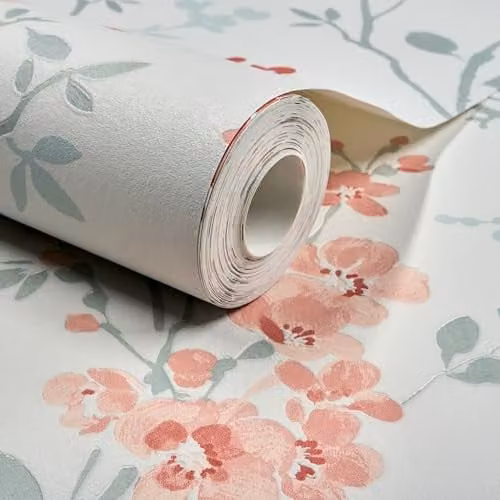 Grandeco Jasmin Floral Cherry Blossom Botanical Vinyl Wallpaper in White and Pink