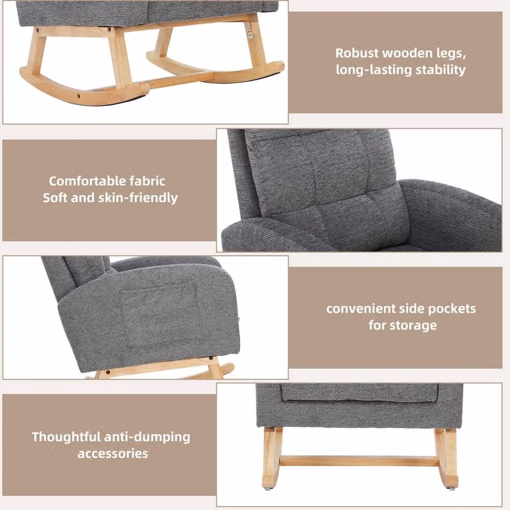 STILVORA Grey Fabric Rocking Chair with Adjustable Footrest and Side Pockets – 4