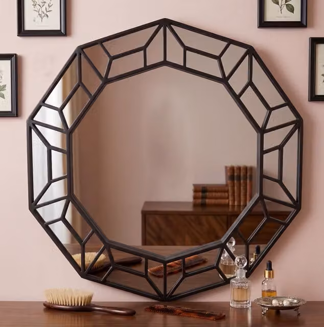 Biznest Decagonal Geometric Framed Wall Mirror, Black and Gold, H 61 x W 57.8 x D 2 cm