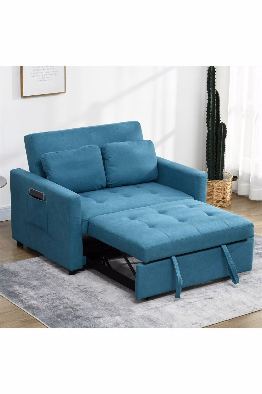 ERGOVEXA Blue Fabric Loveseat Sofa Bed with Pull Out Drawer and Scatter Cushions – 3