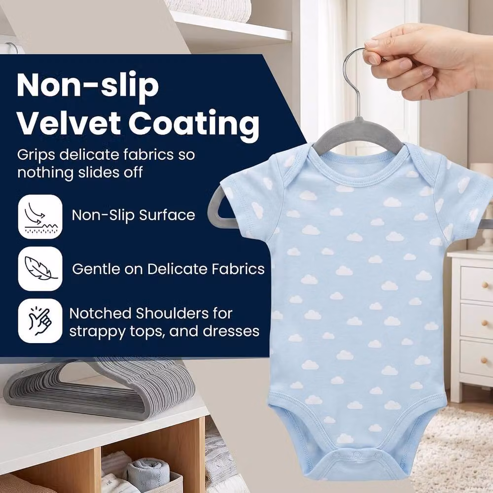Sasha Morel Grey Velvet Baby Clothes Hangers with Swivel Hooks, 30 Pack – 3