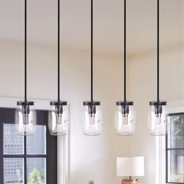 Livingandhome 5-Light Rectangular Metal Pendant Light with Transparent Glass Lampshades in Black