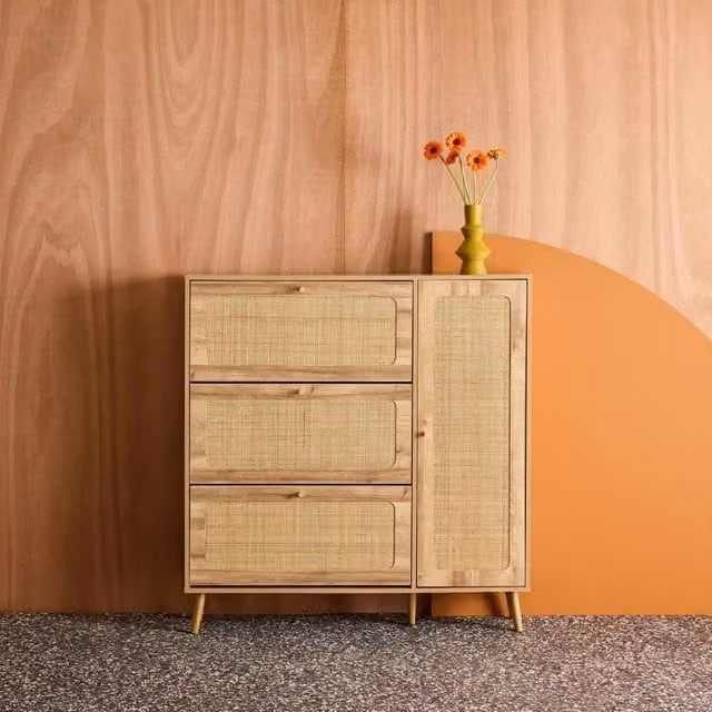 sweeek Canework Shoe Cabinet with 3 Drawers and Tilting Compartments in Brown, W/D/H: 120 x 24 x 125 cm