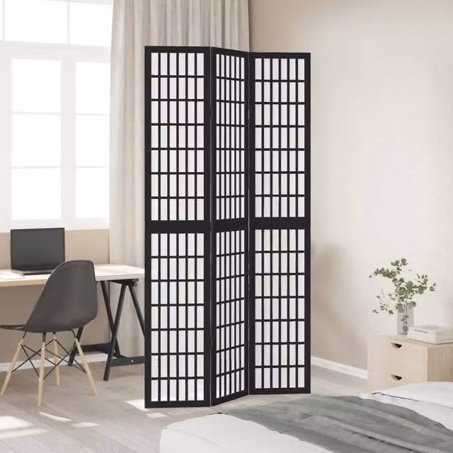 Berkfield Home 3-Panel Room Divider in Black Solid Paulownia Wood, H 220 cm x W 110 cm x D 3 cm