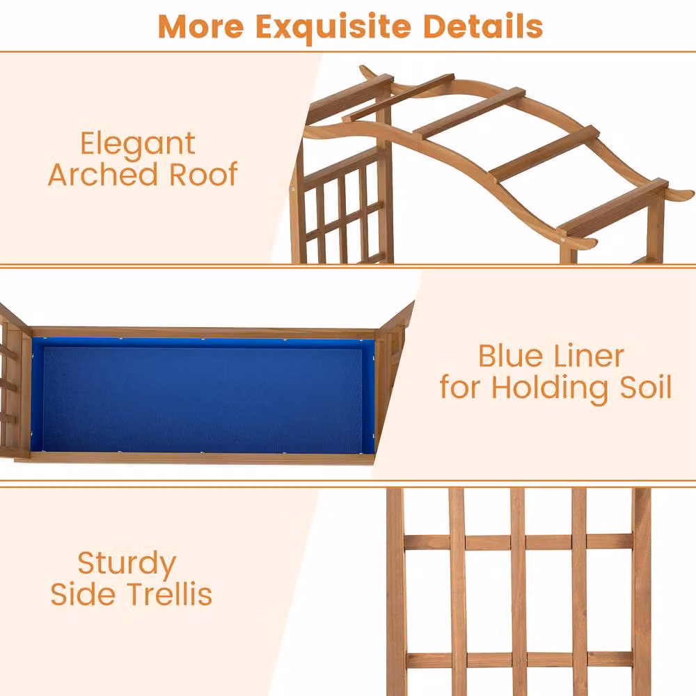 Gymax Solid Wood Raised Garden Bed with Trellis and Hanging Roof, Brown, W/D/H: 124 x 36 x 99 cm – 3