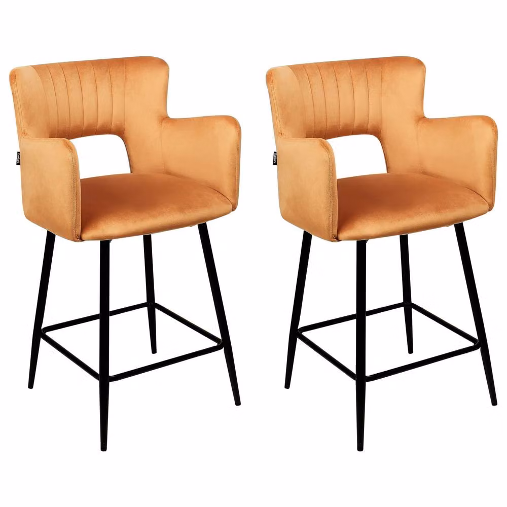 Wyld and Coco Set of 2 Orange Velvet Bar Chairs with Armrests and Cutout Back and Black Metal Frame – 2