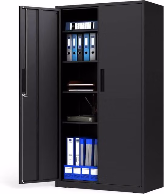 Gymax Lockable 2-Door Steel Tool Cabinet and Pantry in Black, W/D/H: 90 x 45 x 180 cm