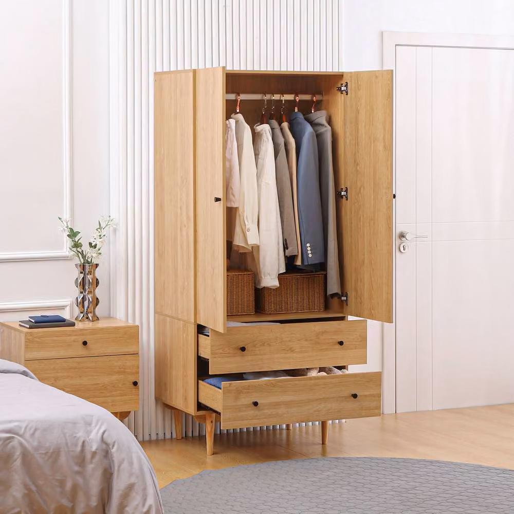 STILVORA Classic Wardrobe with 2 Hinged Doors and 2 Drawers in Natural Wood and Brown – 2