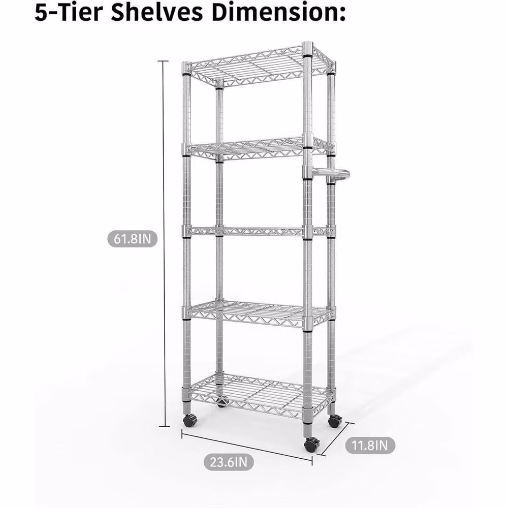 Havendro 5-Tier Metal Rolling Storage Shelf with Adjustable Shelves in Silver – 2