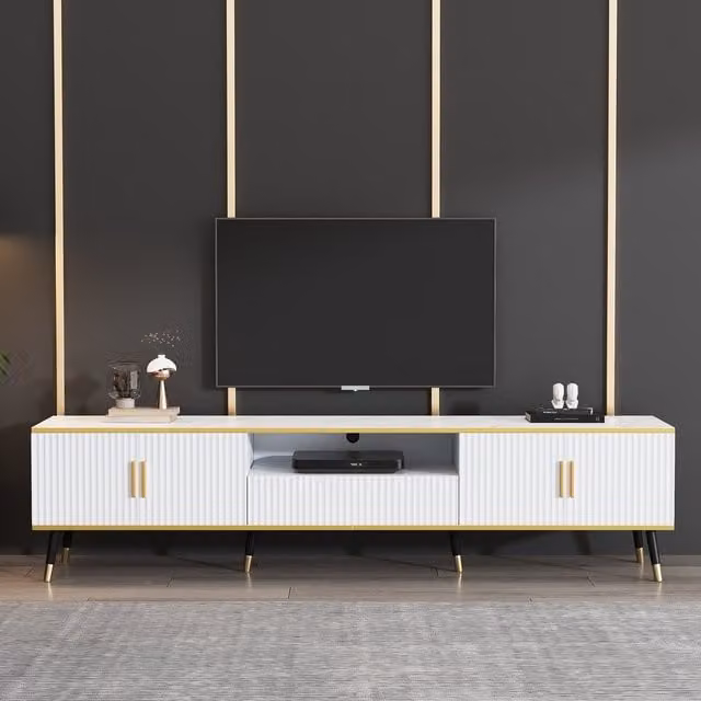 Tokpiedi Minimalist White Glossy Wood Media Unit W/D/H: 200 x 40 x 46 cm