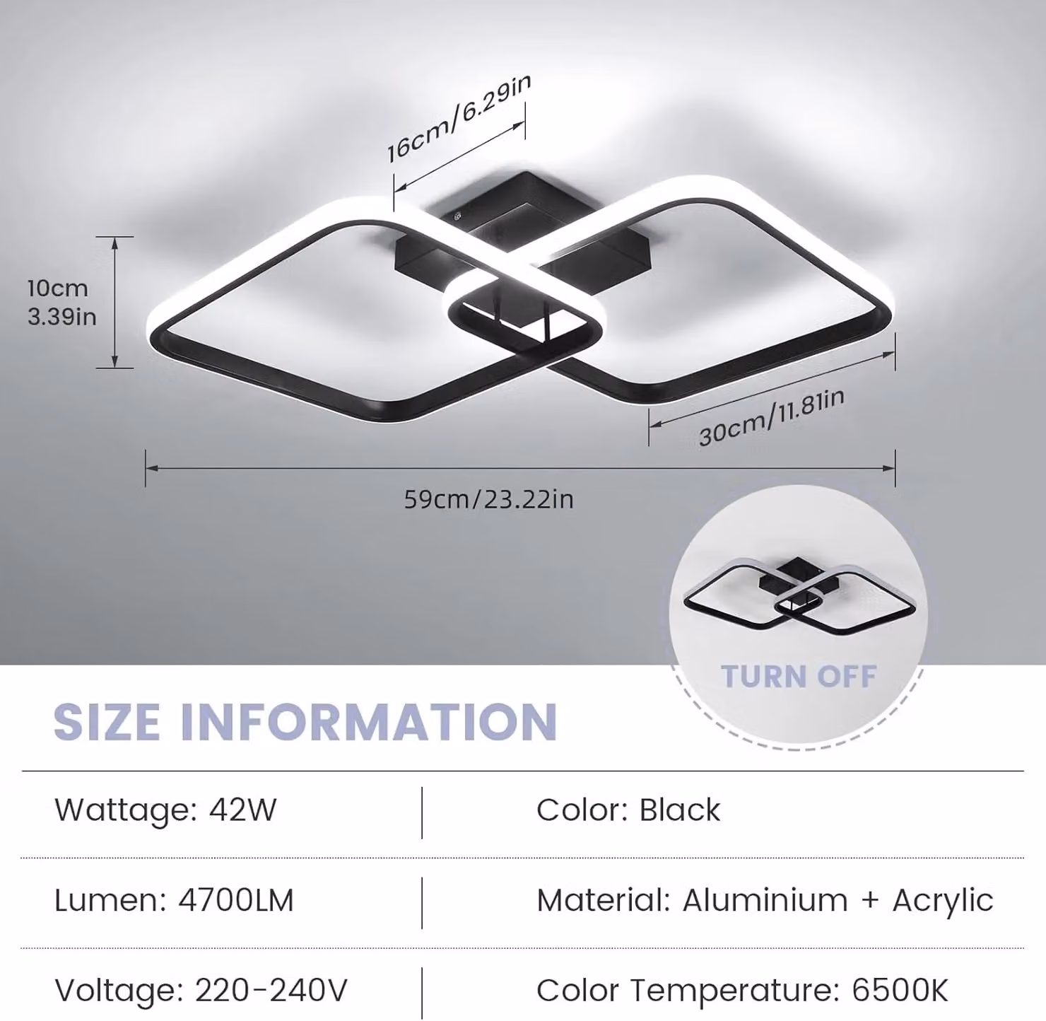 COMELY Modern Square LED Ceiling Light, 42W, 6500K Cool White, Black – 2