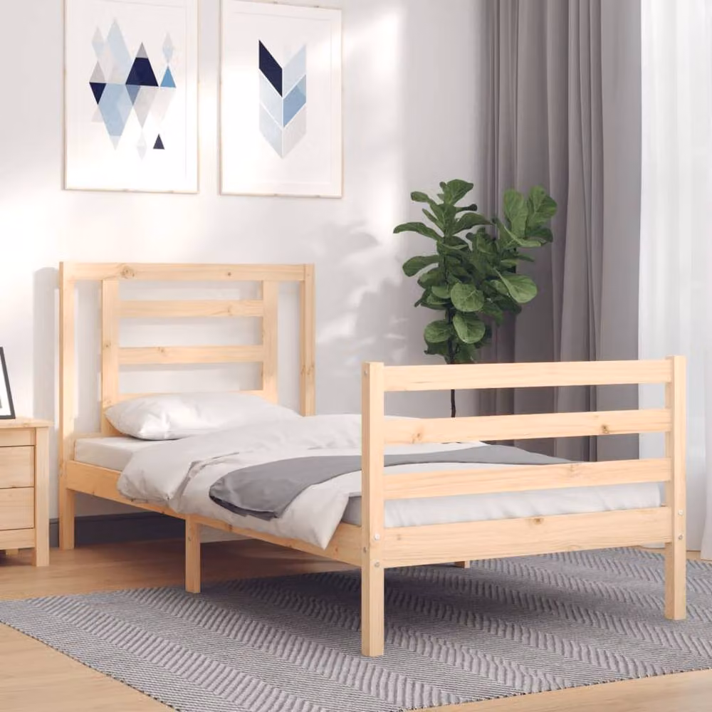 Berkfield Home Solid Wood Bed Frame with Headboard in Beige, W/D/H: 90 x 200 cm – 2
