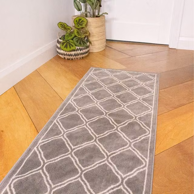 The Rug House Grey Geometric Trellis Modern Rectangular Living Area Rug, W: 240 cm, D: 60 cm