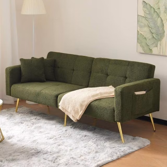 BTM Green Bouclé Click Clack Sofa Bed with Solid Wood Frame and Mixed Padding