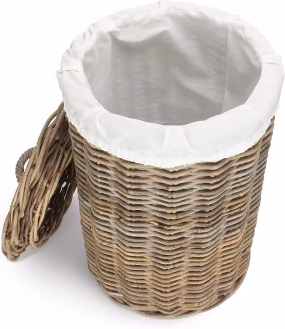 Round Rattan Laundry Hamper Basket with Removable White Cotton Lining, Brown, Diameter: 46 cm
