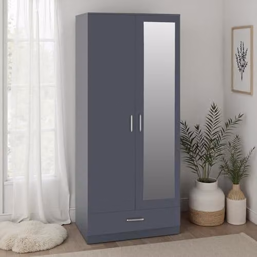 Seconique Dakota 2 Door 1 Drawer Mirrored Wardrobe in Dark Grey, H 175 cm x W 75 cm x D 48 cm – 2