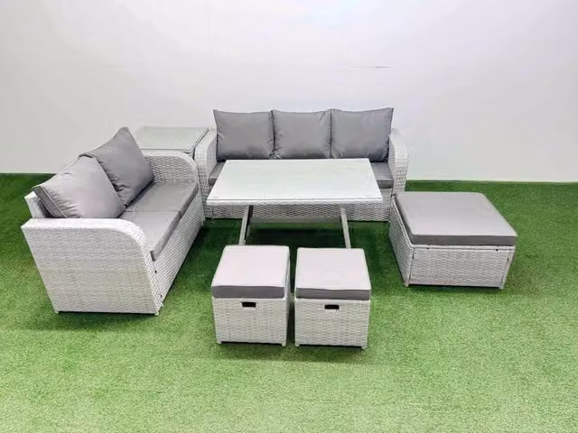 Fimous Modern Rectangular Dining Table and Sofa Set with 3 Stools and Side Table in Light Grey