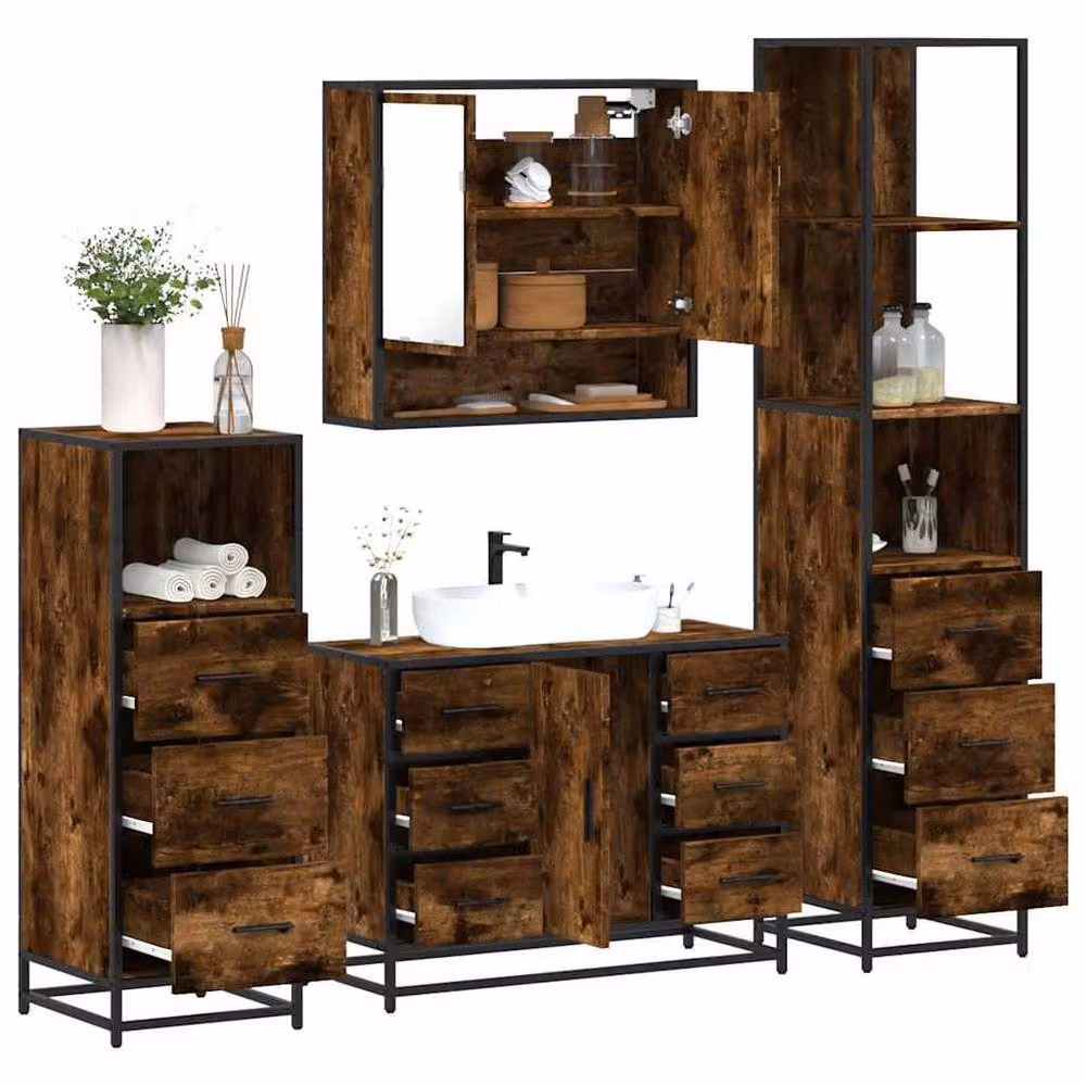 Berkfield Home 4-Piece Industrial Bathroom Furniture Set in Smoked Oak and Brown – 4