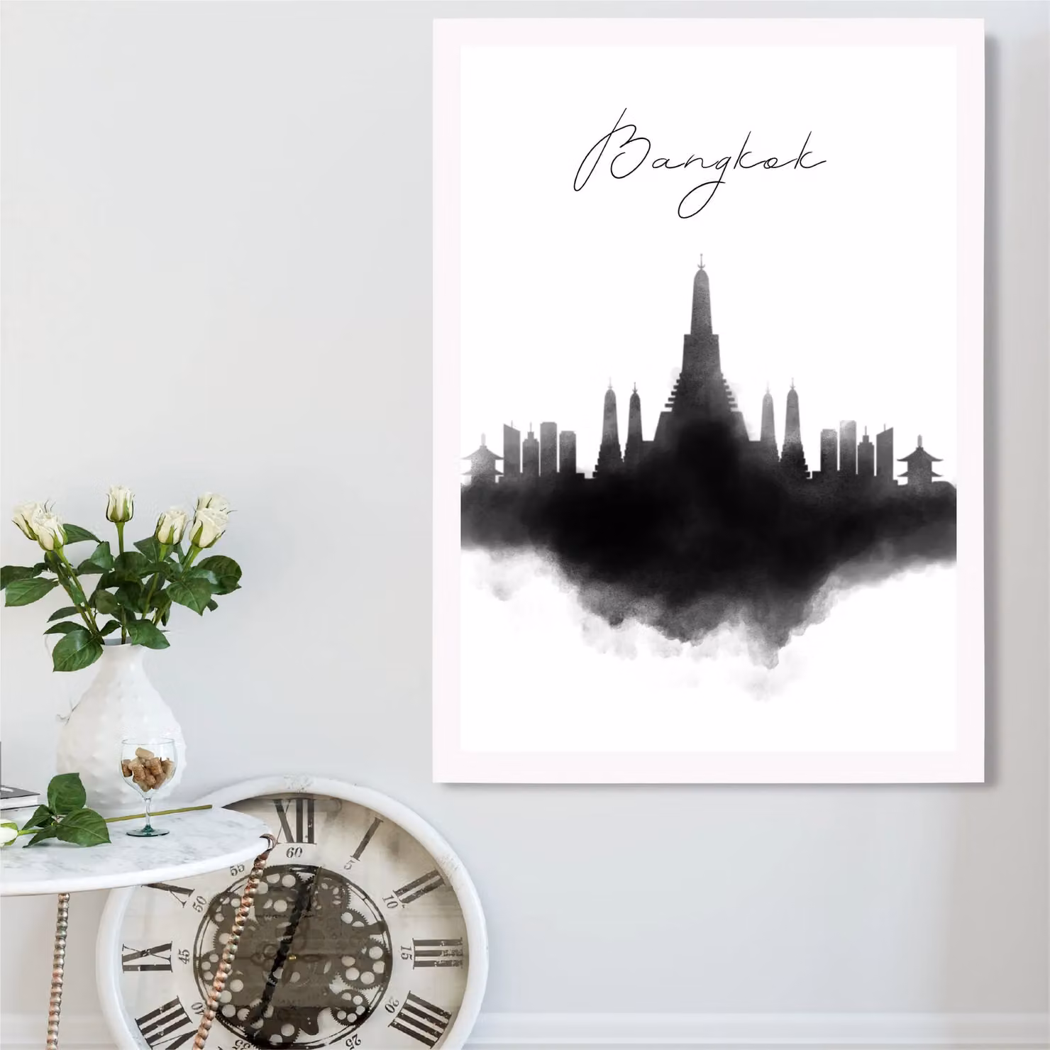 ARTZE Bangkok Watercolour Skyline City Framed Print, Black and White – 2