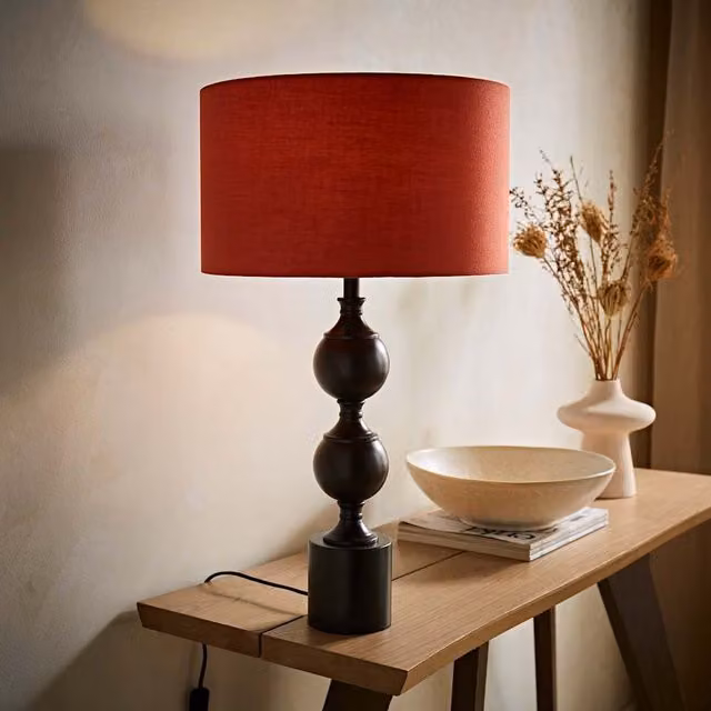 ValueLights Declan Metal Ball Table Lamp with Red Fabric Drum Shade
