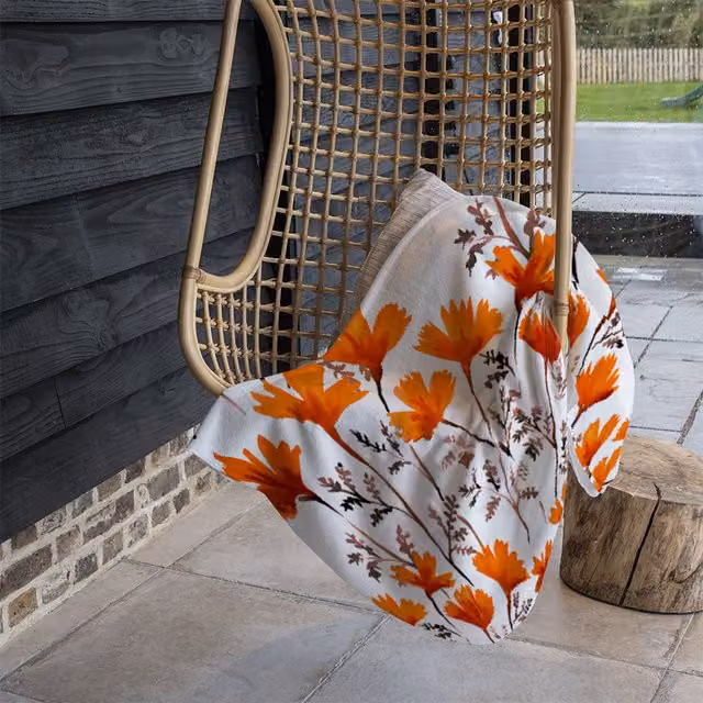Benjamin Tate Design Flowers In Autumn Colours Fleece Blanket in Orange, Sand and Multicolour, W/D/H: 120 x 150 cm