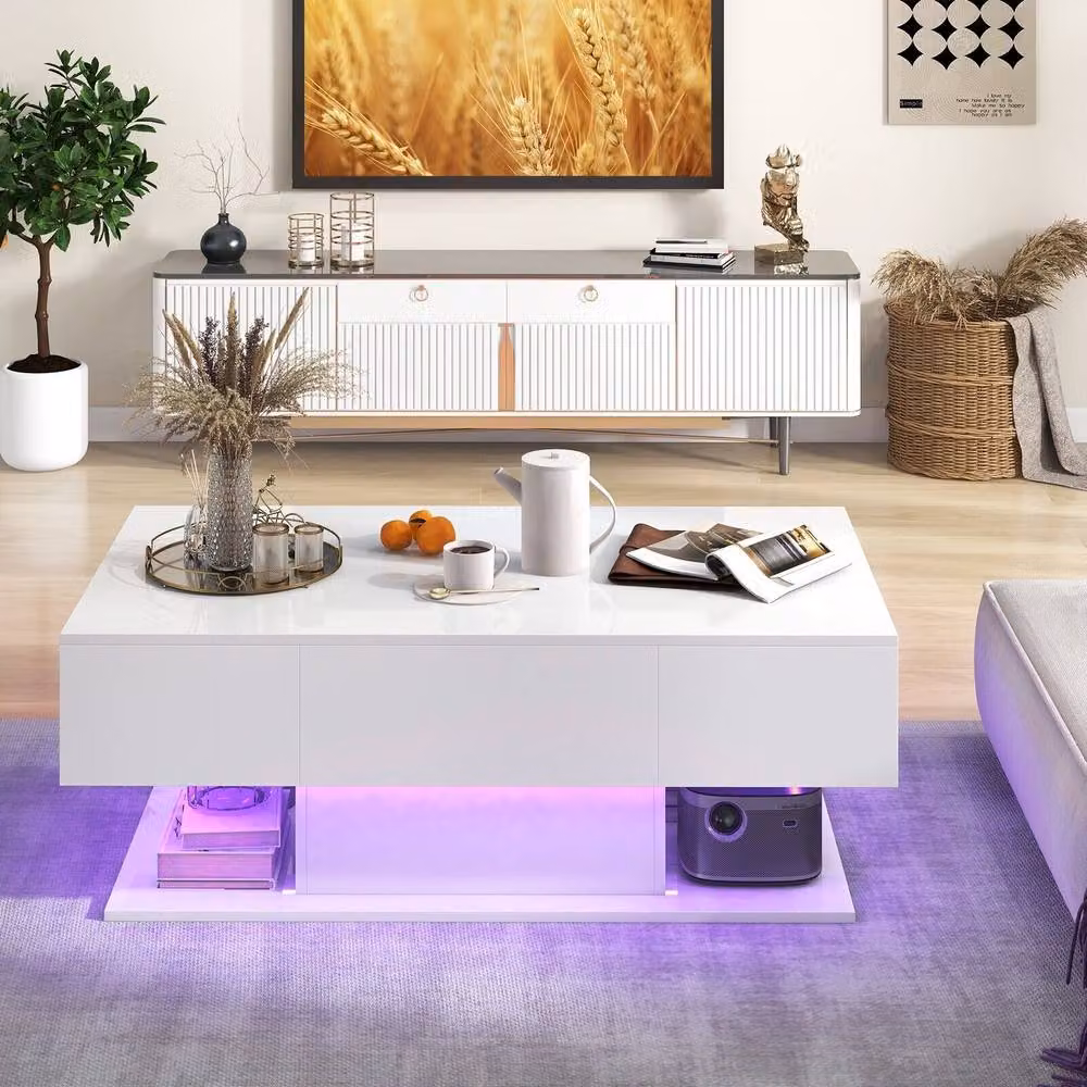 Gymax High Glossy 2-Tier Rectangular Coffee Table with LED Lights in White – 6