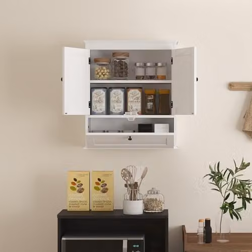 HOMCOM Wall Mounted White Bathroom Cabinet with Hinged Doors and Internal Shelves W/D/H: 55 x 22 x 62 cm – 5