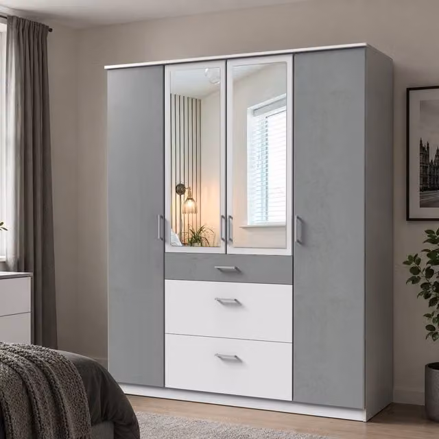 Click 4 Door Wardrobe in White and Grey with Mirror and Internal Shelving, Width: 180 cm