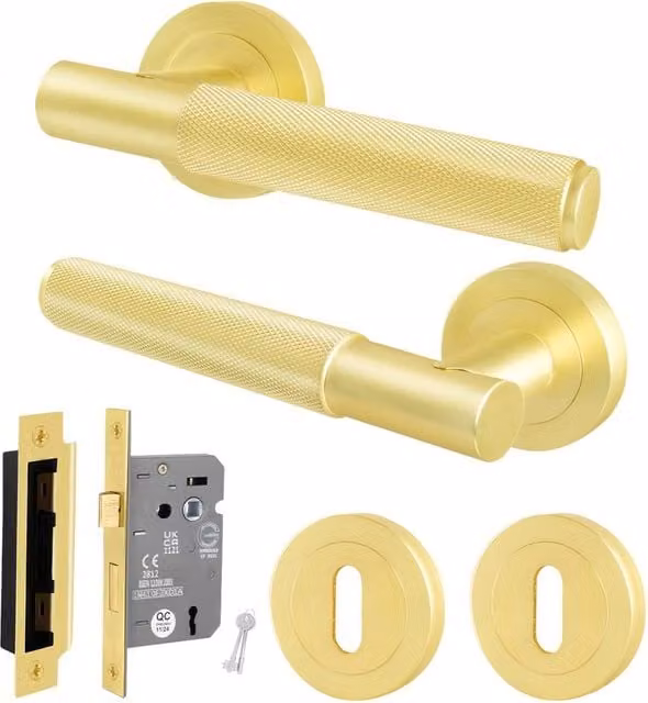 AFIT Satin Brass Round Rose Door Handle with Key Lock in Gold