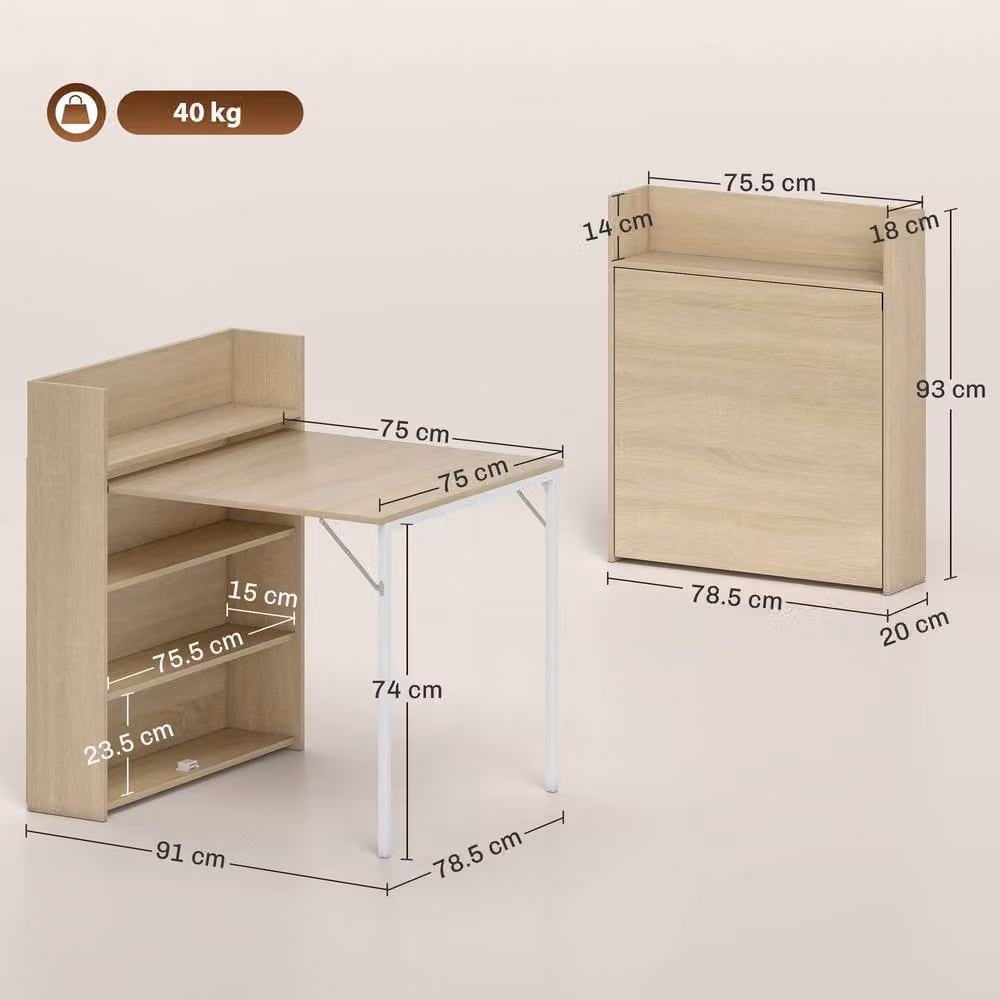 STILVORA Folding Dining Table with Shelves and Steel Frame in Light Oak – 2