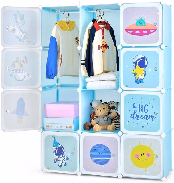 Gymax Childrens Wardrobe and Dresser with Doors and 12 Cubes in Light Blue