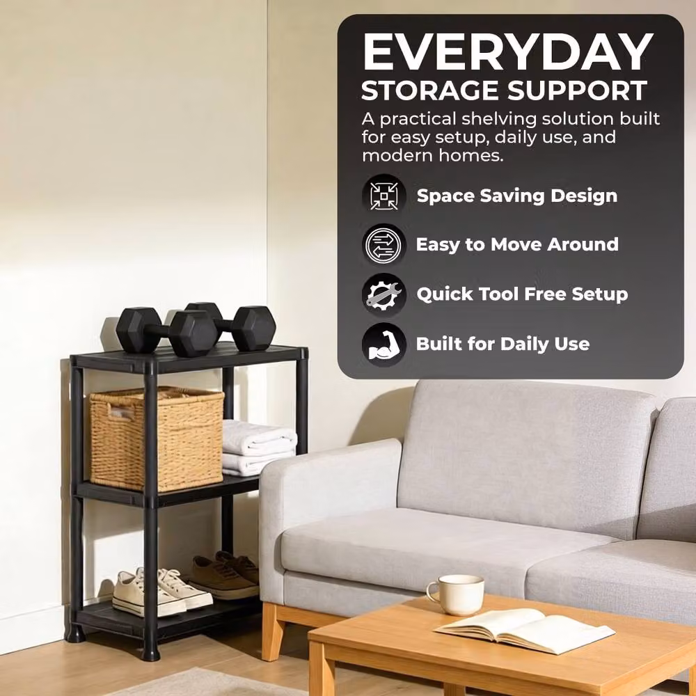 Crystals 3 Tier Plastic Home Storage Unit and Garage Organiser Rack in Black, Width: 60 cm – 6