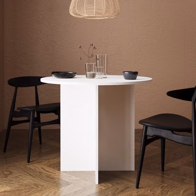 Bimossa Linet Round Minimalist Kitchen and Dining Table in White Matt MDF Laminate