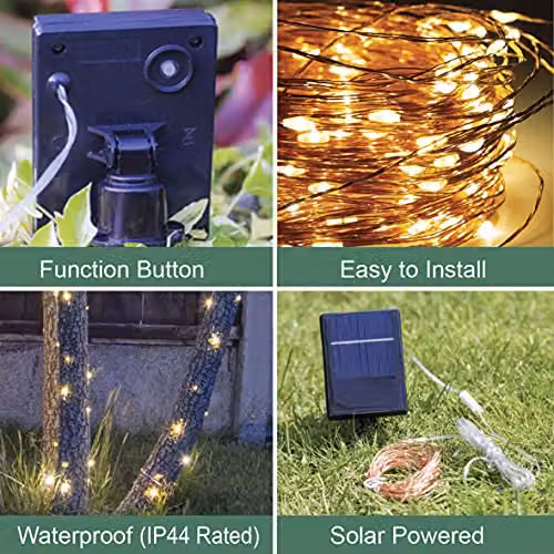 GardenKraft 10279 Solar Powered Micro LED Outdoor String Lights with 100 Warm White Lights and Copper Cord, IP44 Weatherproof – 3
