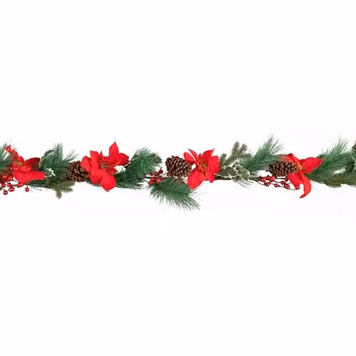 Samuel Alexander Red and Green Christmas Poinsettia Garland with Seasonal Foliage and Pinecones – 4