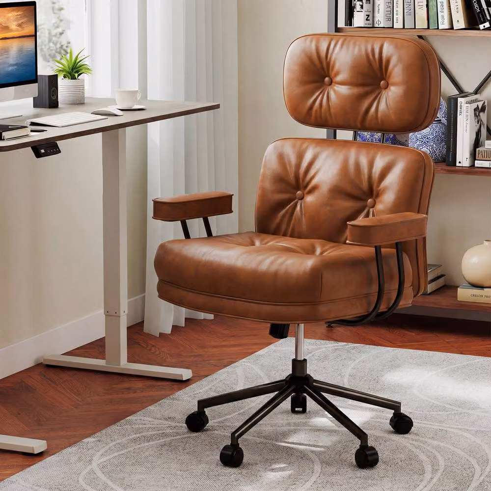 Gymax Brown Synthetic Leather Upholstered Office Chair with Tufted Seat, Headrest and Swivel Castors – 8