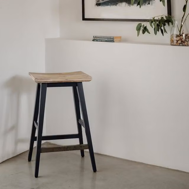 Florence Breakfast Bar Stool in Navy Blue with Acacia Wood and Metal Frame, H 65 cm x W 43 cm x D 33 cm