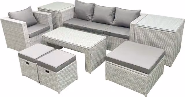 Fimous 7 Seater Rattan Garden Furniture Set in Light Grey with Lounger Sofa, Coffee Table, 3 Footstools and 2 Side Tables