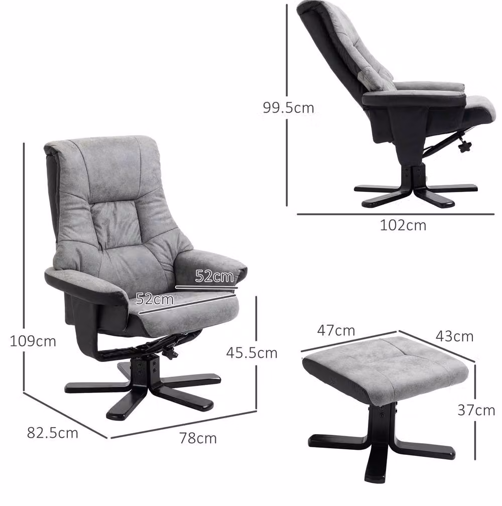 STILVORA Grey Microfibre Recliner Armchair with Ottoman and 360 Degree Swivel Function – 2