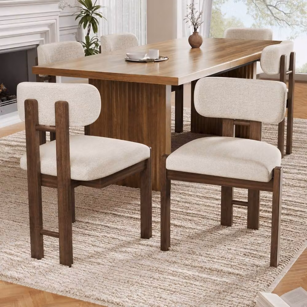 Rolipo Set of 2 Modern Solid Wood Dining Chairs in Walnut with Beige Boucle Fabric – 4