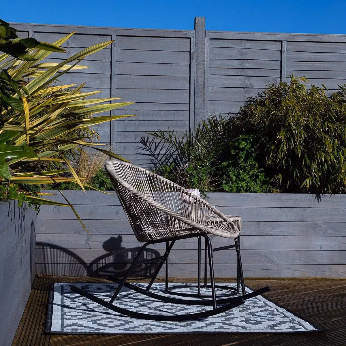 Charles Bentley Zanzibar Rocking Chair in Grey PE Rattan with Black Powder Coated Steel Frame, H 72 x W 74 x D 77 cm – 3