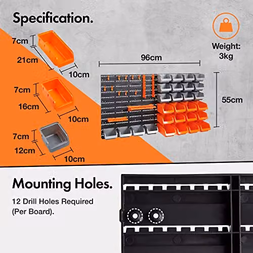 VonHaus 44 Piece Wall Mounted Pegboard Storage Set in Black and Grey – 3