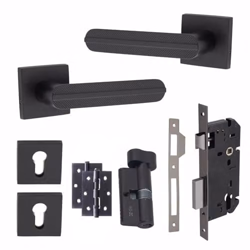 Golden Grace Modern Lima Euro Lock Door Handles with Rosette Set, Matt Black – 1