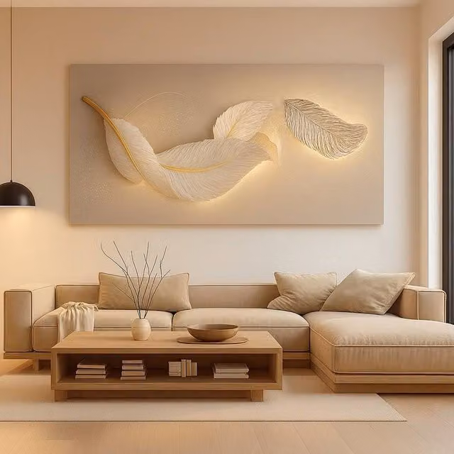 Mafett Premium Feather Glow Modern Abstract Canvas Wall Art Print in Beige, W: 150 cm, H: 80 cm