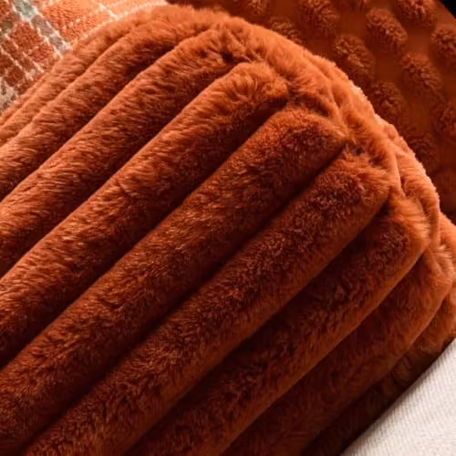 OHS Faux Fur Ribbed Round Bolster Cushion in Orange – 2