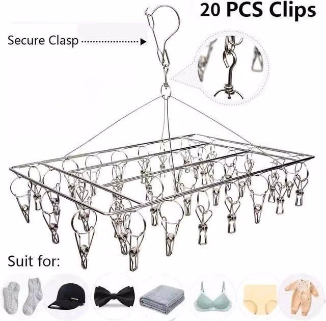 VOGREX 2 Pack Foldable Metal Drying Hanger with 20 Pegs for Socks and Underwear in Silver – 1