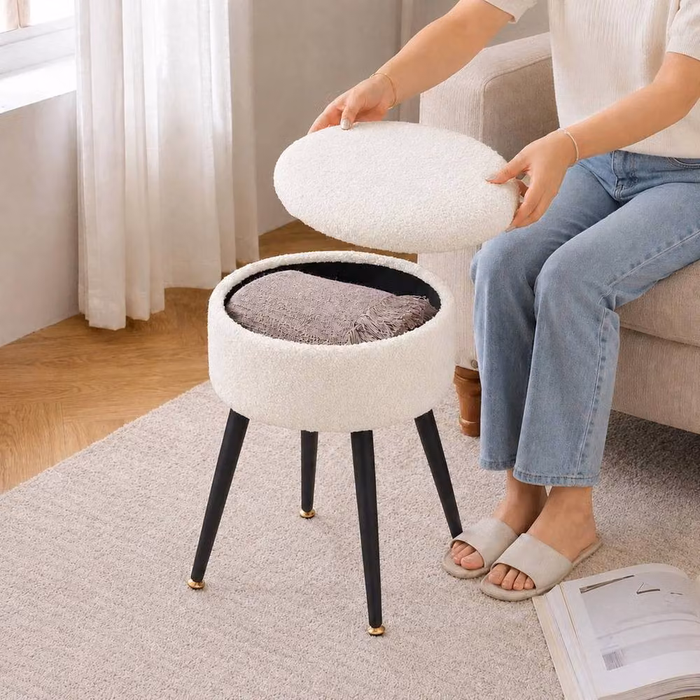 EONLION White Bouclé Round Dressing Table Stool with Metal Frame – 3