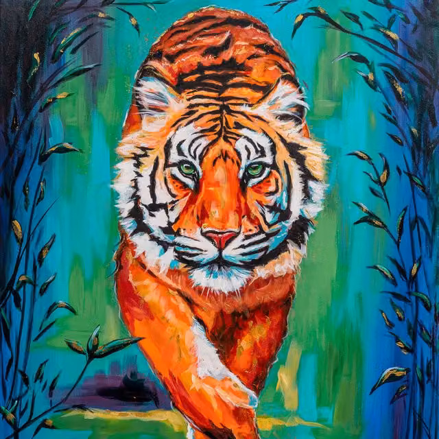 Wright Art Studio Wisdom Tiger Animal Art Print Wrapped on Canvas in Multi-Coloured and Blue